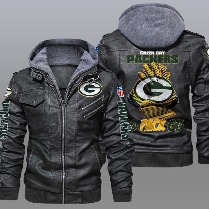 NFL Green Bay Packers Style 5 Big Logo Black Brown Leather Jacket For Fans  - Freedomdesign