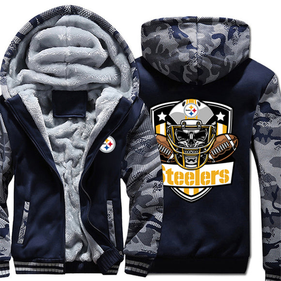 17% OFF Vintage Pittsburgh Steelers Fleece Jacket Skull For Sale