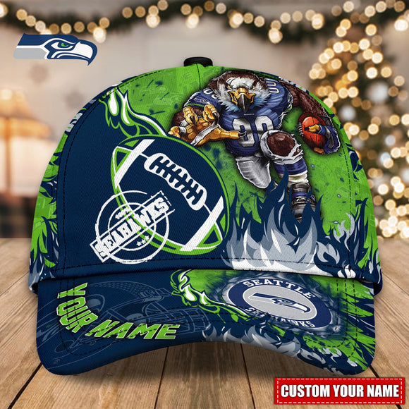 Hot Selling Seattle Seahawks Adjustable Hat Mascot & Flame - Custom Name